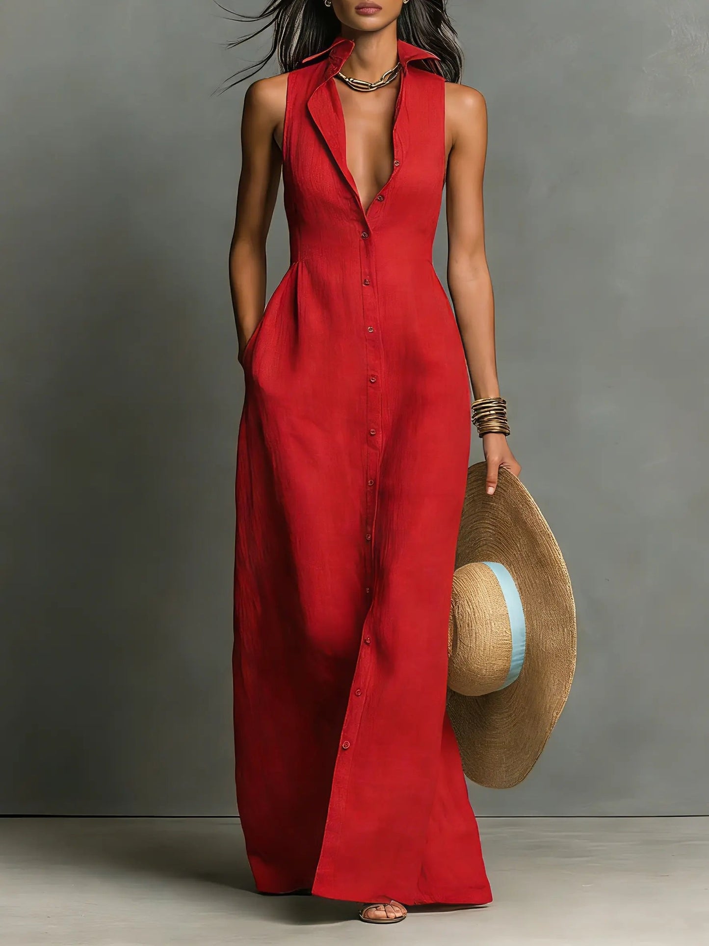 Sienna | Robe maxi sans manches en lin pour femme avec boutons sur le devant
