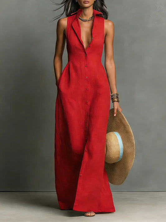 Sienna | Robe maxi sans manches en lin pour femme avec boutons sur le devant