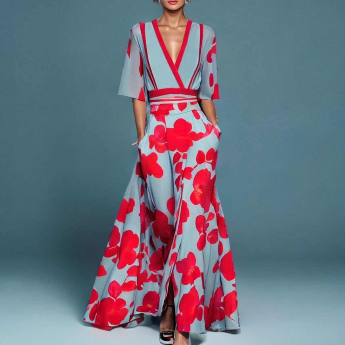 Robe maxi femme A-line à fleurs – Col V taille ajustée