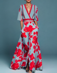 Robe maxi femme A-line à fleurs – Col V taille ajustée