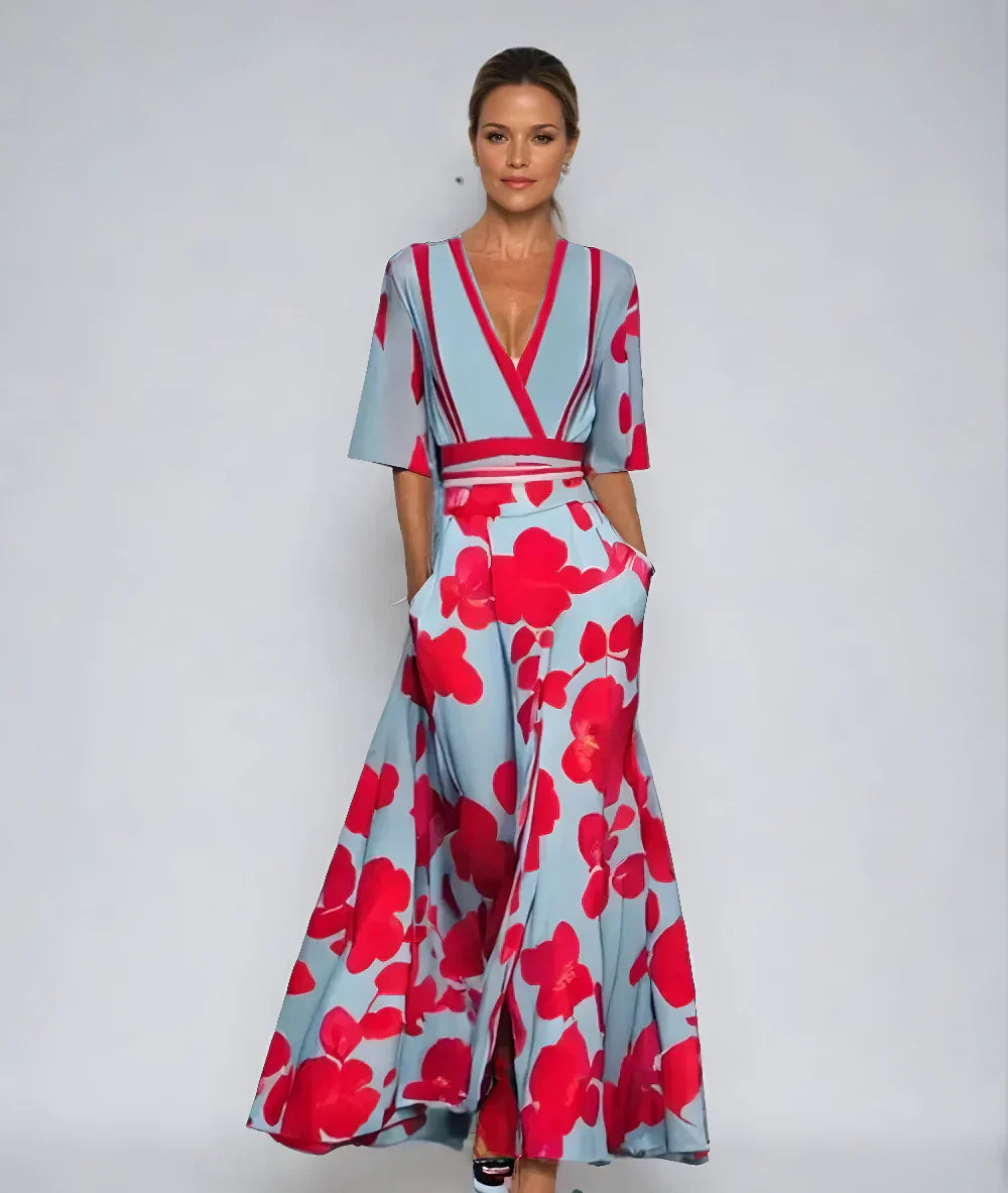 Robe maxi femme A-line à fleurs – Col V taille ajustée