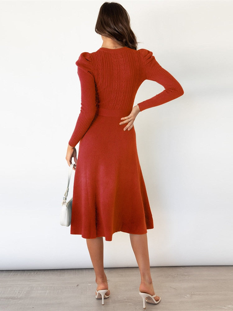 Robe Midi Femme en tissu léger, manches longues, coupe fluide – Menvelo
