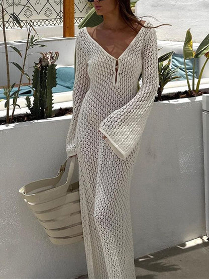 Robe Longue Femme en Maille Ajourée – Col V Manches Cloche Style Bohème