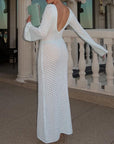 Robe Longue Femme en Maille Ajourée – Col V Manches Cloche Style Bohème