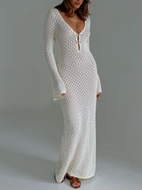 Robe Longue Femme en Maille Ajourée – Col V Manches Cloche Style Bohème