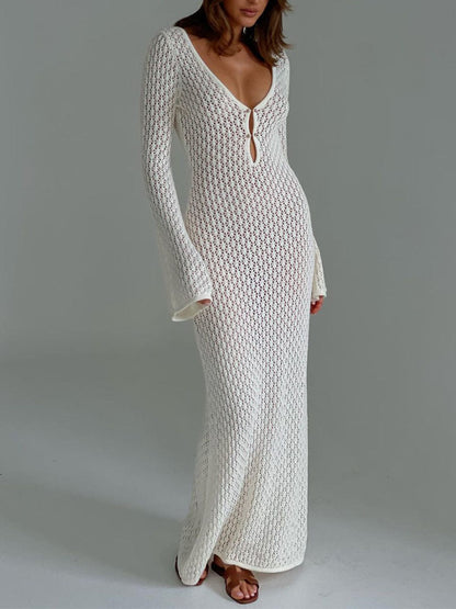 Robe Longue Femme en Maille Ajourée – Col V Manches Cloche Style Bohème