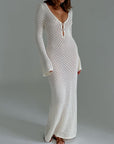 Robe Longue Femme en Maille Ajourée – Col V Manches Cloche Style Bohème