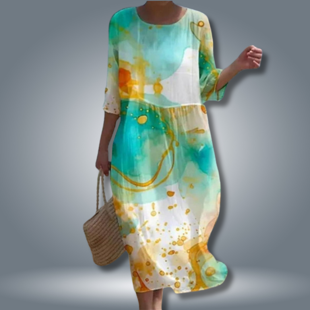 Robe Femme Midi Fleurie – Taille Smockée et Manches 3/4