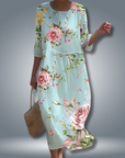Robe Femme Midi Fleurie – Taille Smockée et Manches 3/4