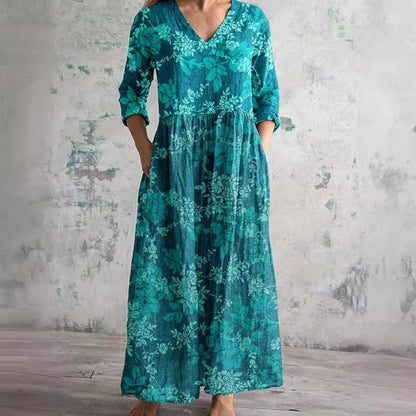 Sophie | Robe maxi fleurie pour femme à col en V et manches trois-quarts