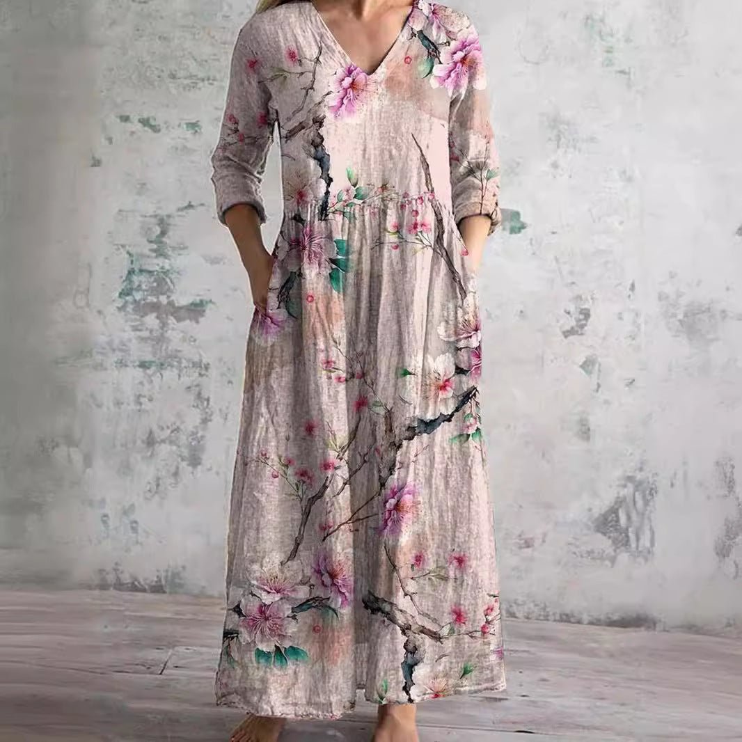 Sophie | Robe maxi fleurie pour femme à col en V et manches trois-quarts
