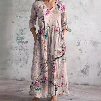 Sophie | Robe maxi fleurie pour femme à col en V et manches trois-quarts