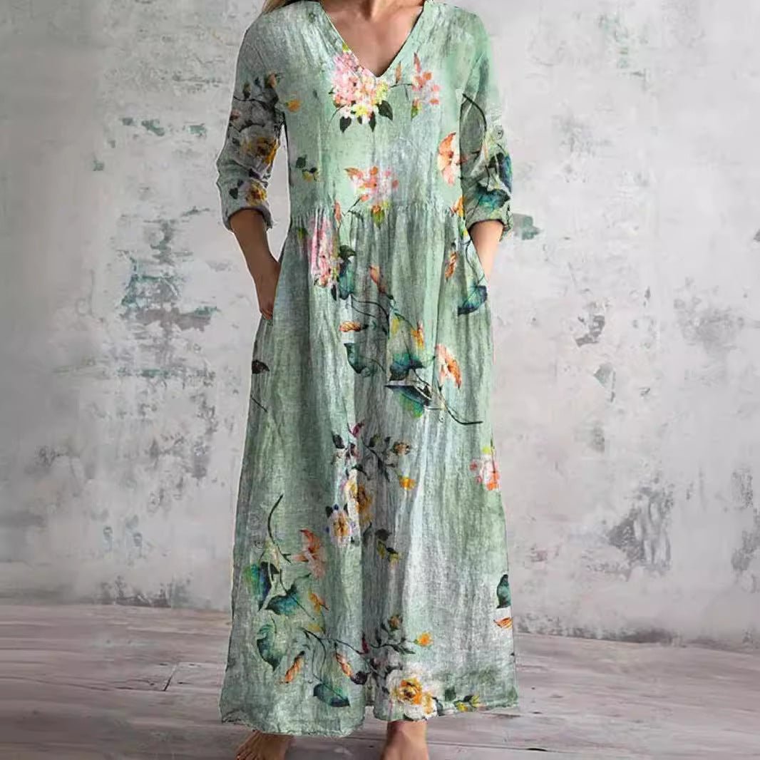 Sophie | Robe maxi fleurie pour femme à col en V et manches trois-quarts