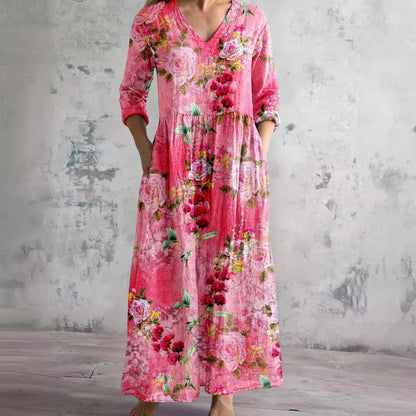 Sophie | Robe maxi fleurie pour femme à col en V et manches trois-quarts