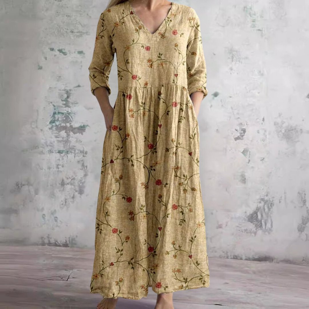 Sophie | Robe maxi fleurie pour femme à col en V et manches trois-quarts