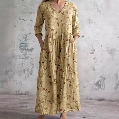 Sophie | Robe maxi fleurie pour femme à col en V et manches trois-quarts