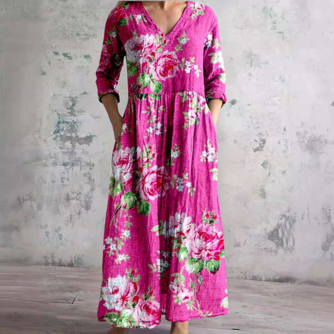 Sophie | Robe maxi fleurie pour femme à col en V et manches trois-quarts