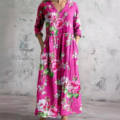 Sophie | Robe maxi fleurie pour femme à col en V et manches trois-quarts