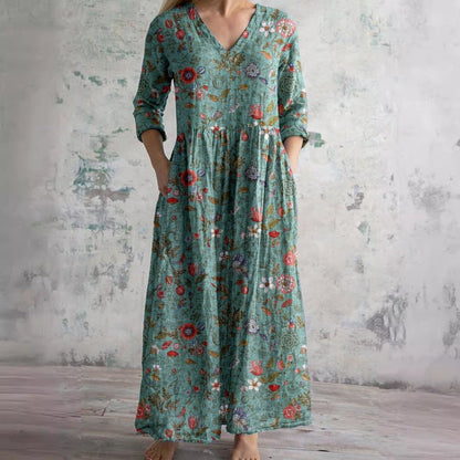 Sophie | Robe maxi fleurie pour femme à col en V et manches trois-quarts