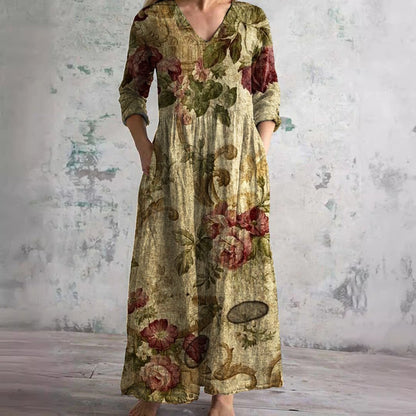 Sophie | Robe maxi fleurie pour femme à col en V et manches trois-quarts