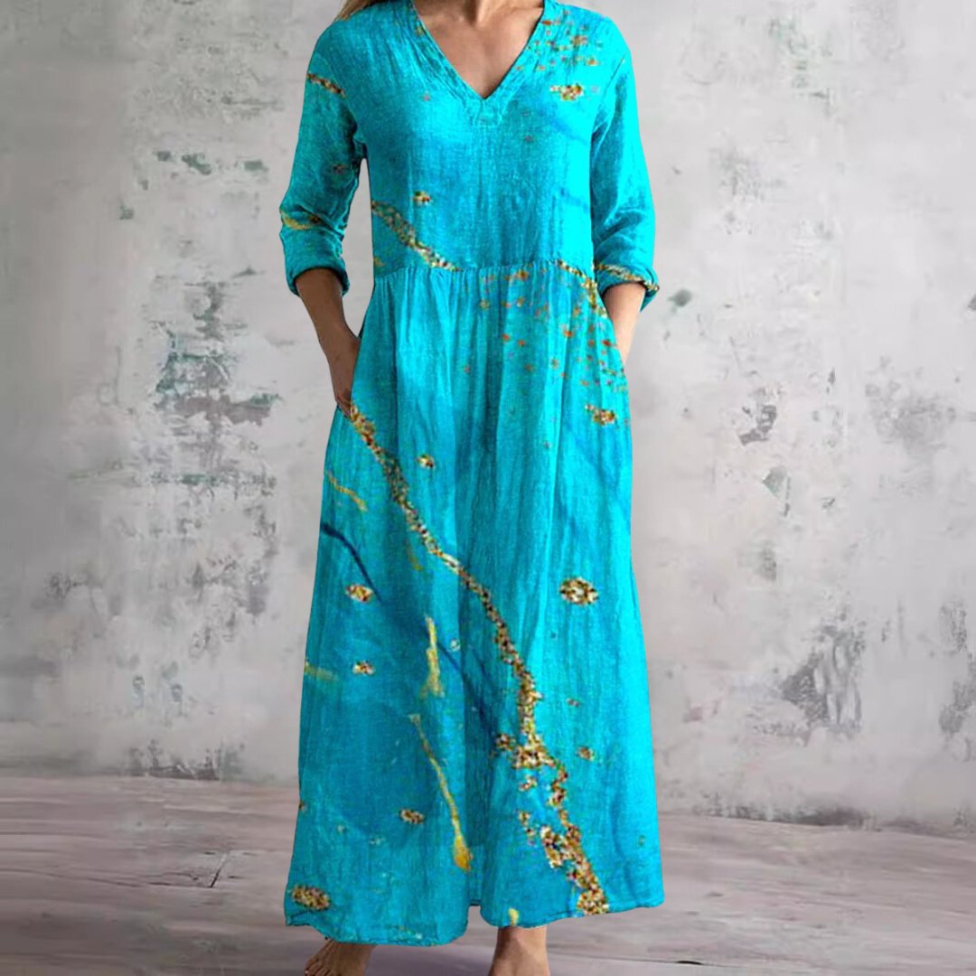 Sophie | Robe maxi fleurie pour femme à col en V et manches trois-quarts