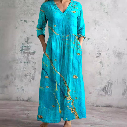 Sophie | Robe maxi fleurie pour femme à col en V et manches trois-quarts