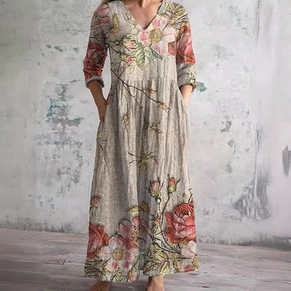 Sophie | Robe maxi fleurie pour femme à col en V et manches trois-quarts
