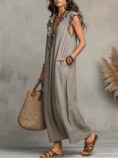Sophie | Robe maxi pour femme à volants, col en V et manches papillon