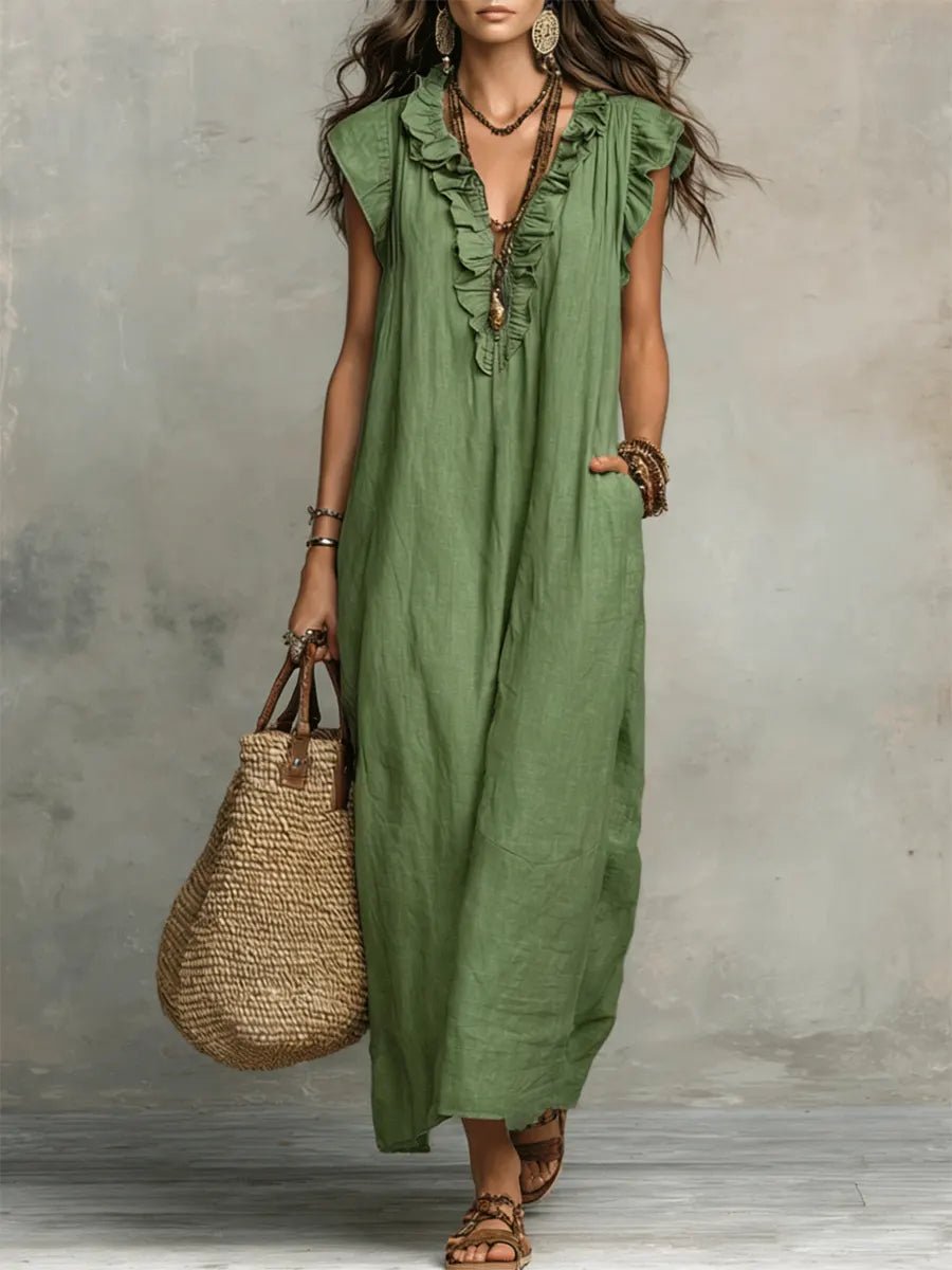 Sophie | Robe maxi pour femme à volants, col en V et manches papillon