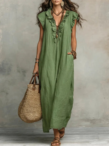 Sophie | Robe maxi pour femme à volants, col en V et manches papillon