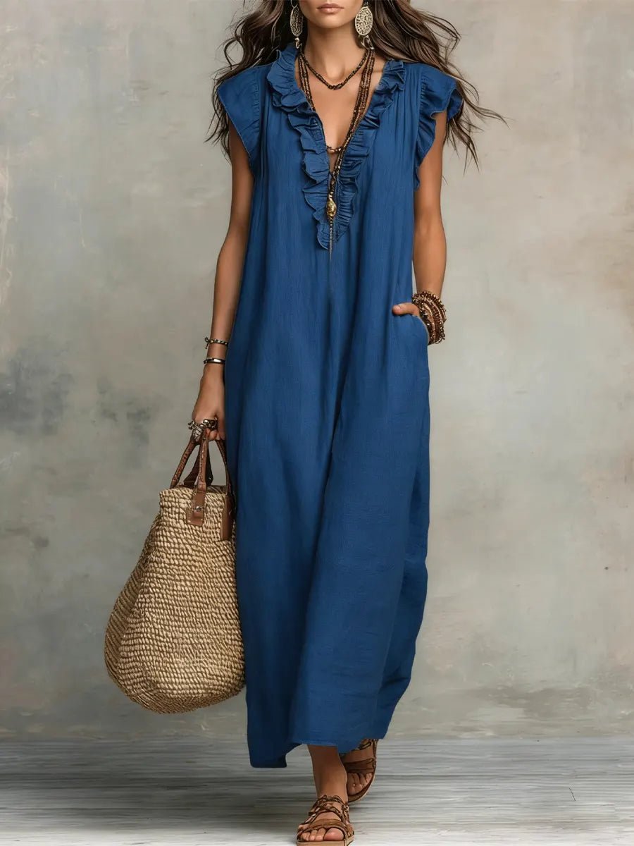 Sophie | Robe maxi pour femme à volants, col en V et manches papillon