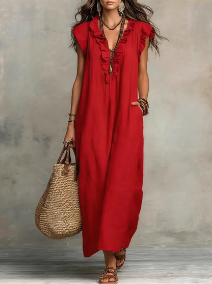 Sophie | Robe maxi pour femme à volants, col en V et manches papillon