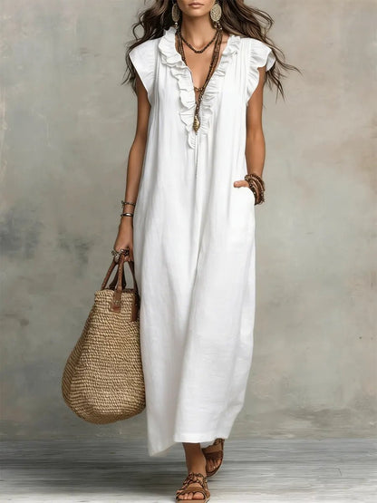 Sophie | Robe maxi pour femme à volants, col en V et manches papillon