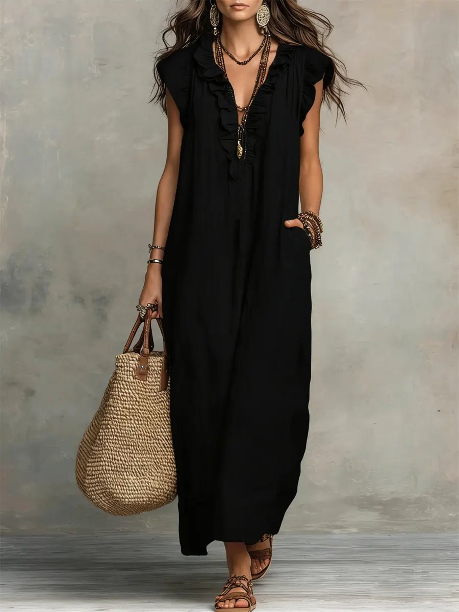 Sophie | Robe maxi pour femme à volants, col en V et manches papillon