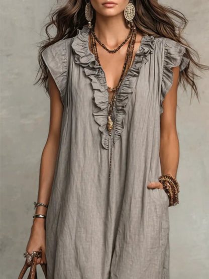 Sophie | Robe maxi pour femme à volants, col en V et manches papillon