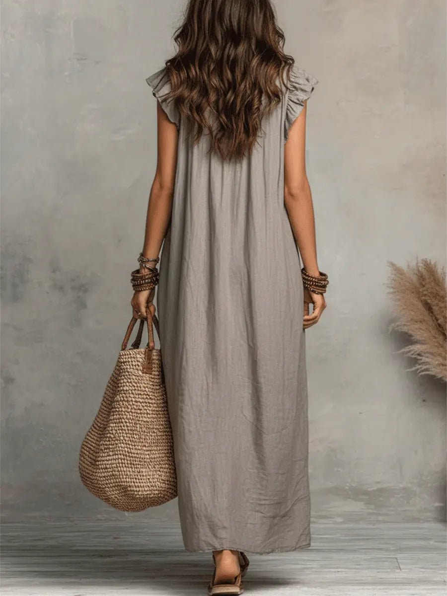Sophie | Robe maxi pour femme à volants, col en V et manches papillon