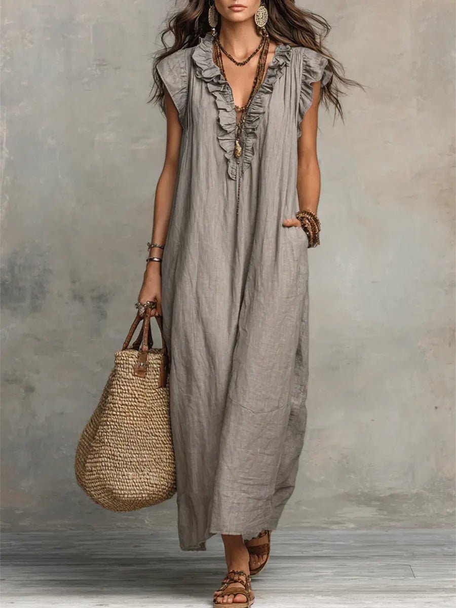 Sophie | Robe maxi pour femme à volants, col en V et manches papillon