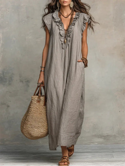 Sophie | Robe maxi pour femme à volants, col en V et manches papillon