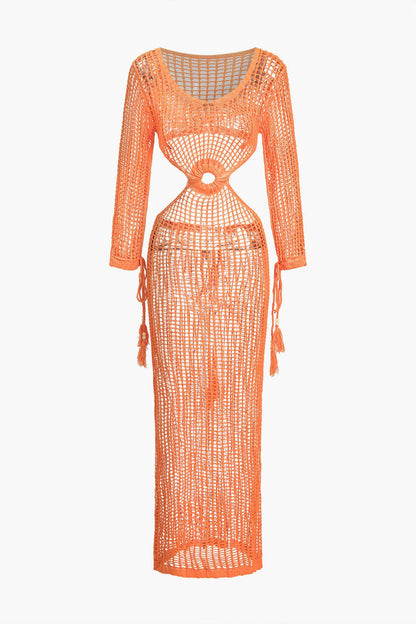 Robe de Plage Femme Crochet Boho – Découpe à la Taille & Détails à Franges
