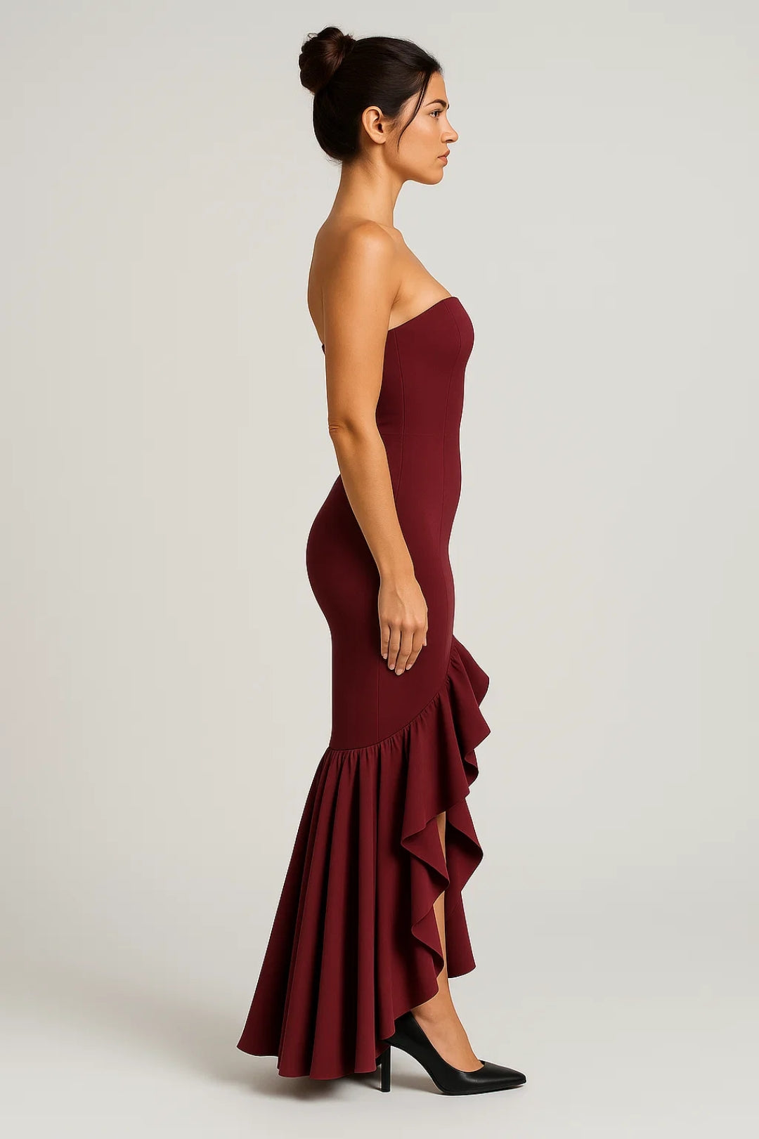 Robe Longue Femme sans Bretelles – Volants et Coupe Gainante