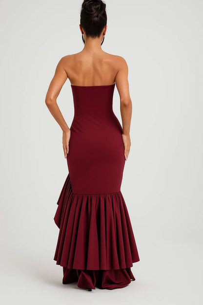 Robe Longue Femme sans Bretelles – Volants et Coupe Gainante