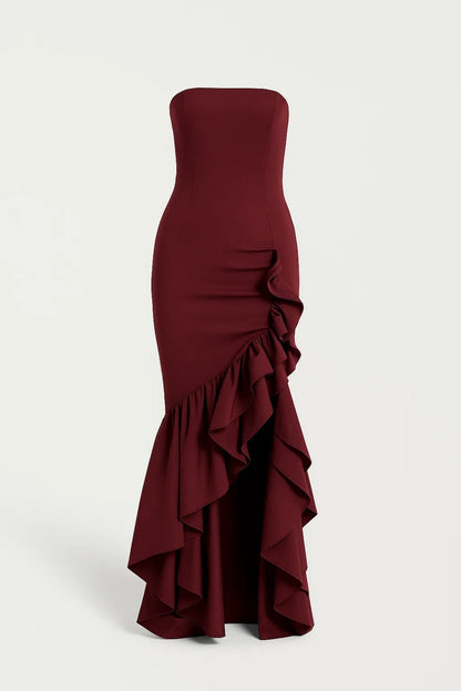 Robe Longue Femme sans Bretelles – Volants et Coupe Gainante
