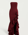 Robe Longue Femme sans Bretelles – Volants et Coupe Gainante