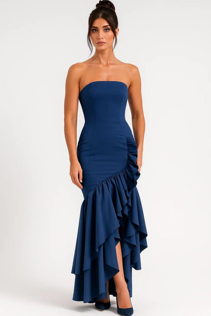 Robe Longue Femme sans Bretelles – Volants et Coupe Gainante