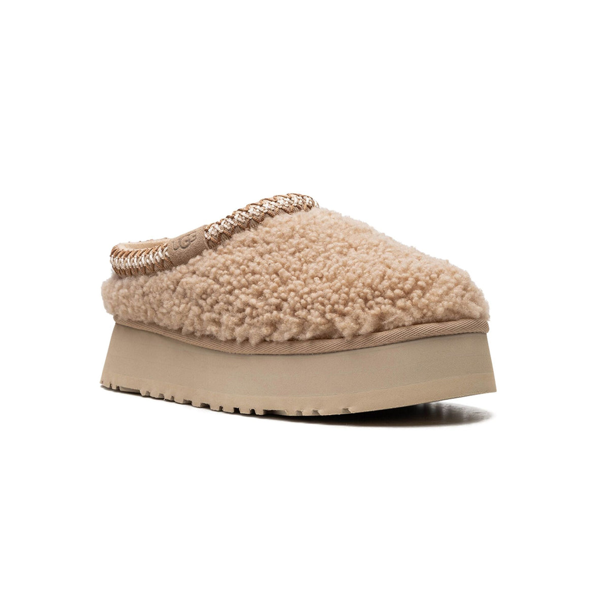UGG Tazz Maxicurly Sand chaussons à plateforme femme en daim et peau de mouton beige sable, vue de face