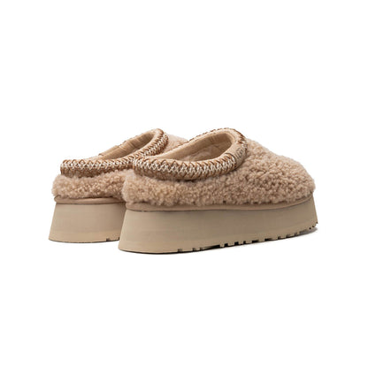 UGG Tazz Maxicurly Sand chaussons à plateforme femme en daim et peau de mouton beige sable, détail semelle