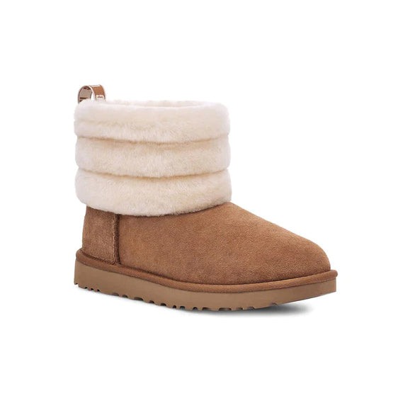 UGG Classic Mini Fluff Quilted Chestnut Brown bottines fourrées femme en daim et peau de mouton marron, vue de face