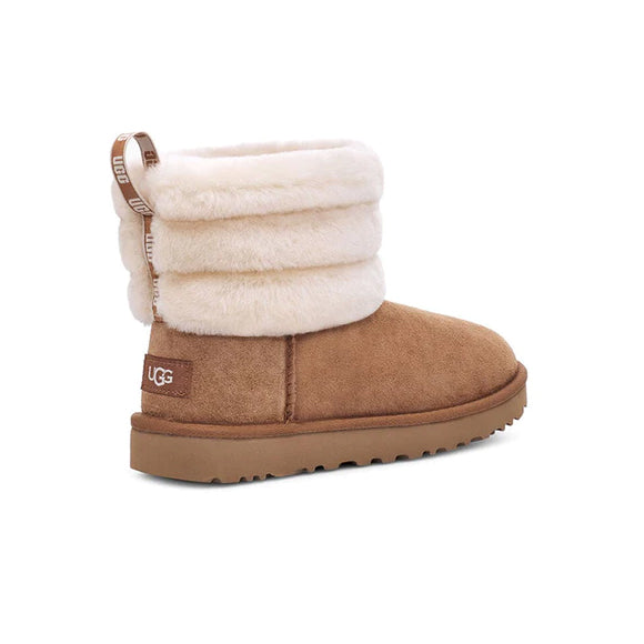 UGG Classic Mini Fluff Quilted Chestnut Brown bottines fourrées femme en daim et peau de mouton marron, détail semelle