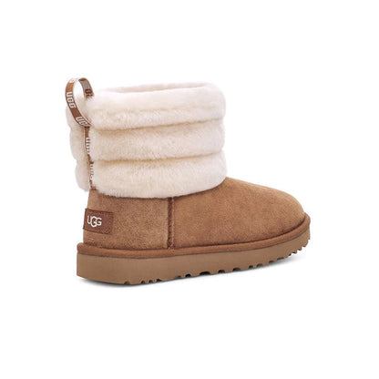 UGG Classic Mini Fluff Quilted Chestnut Brown bottines fourrées femme en daim et peau de mouton marron, détail semelle