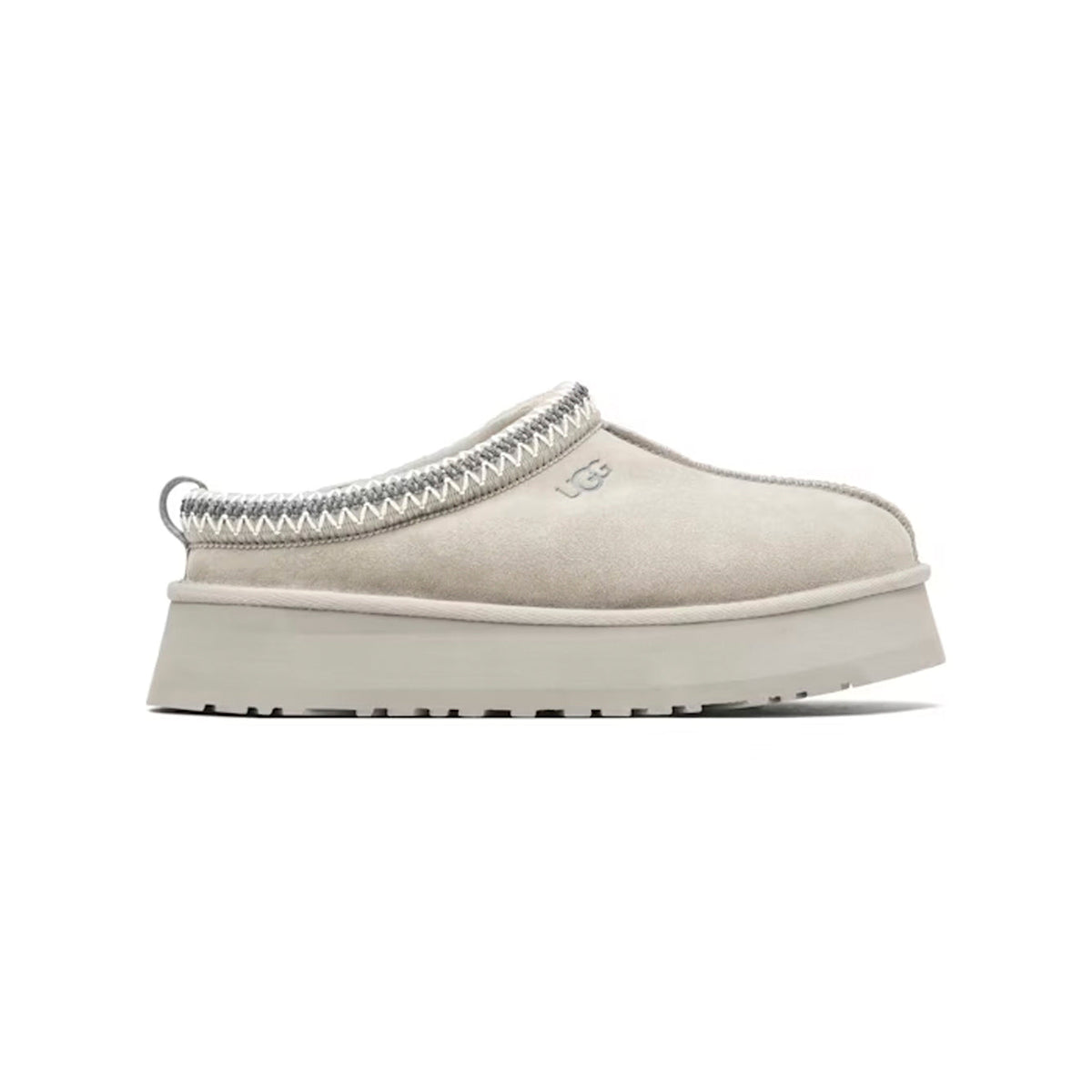 UGG Tazz Seal chaussons à plateforme femme en daim et peau de mouton gris, vue de profil